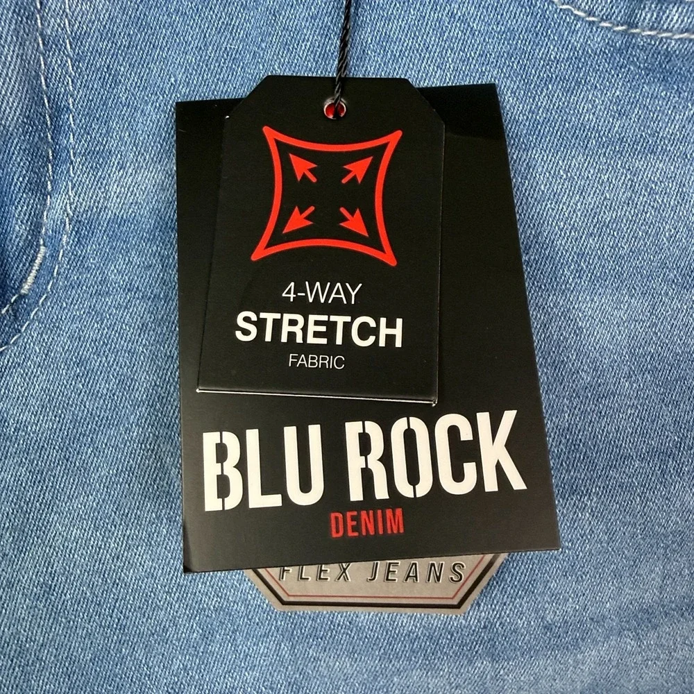 Blu Rock Jeans Mens 34x31 Slim Fit Light Blue 4 Way Stretch Flex Denim NWT